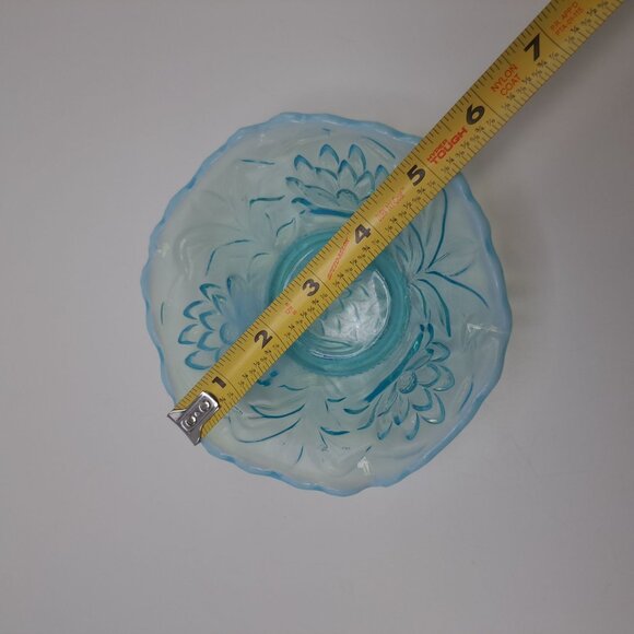 Fenton Opalescent Blue Glass Bowl Water Lily Cattails Ruffled Vintage 5 1/4" - Picture 2 of 13
